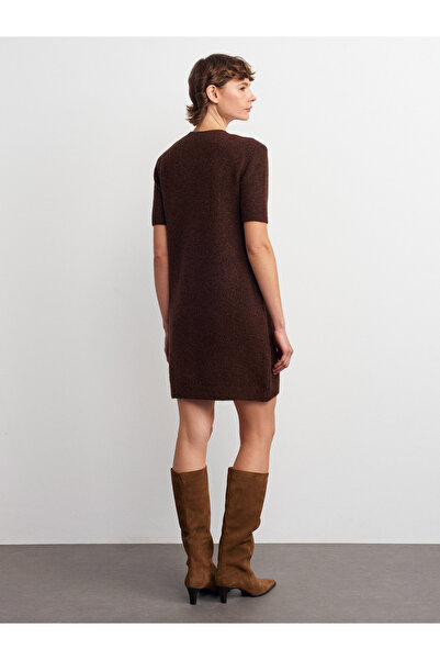 Dilvin 90257 Bisiklet Yaka Yün Karışımlı Triko Elbise-Kahve M.