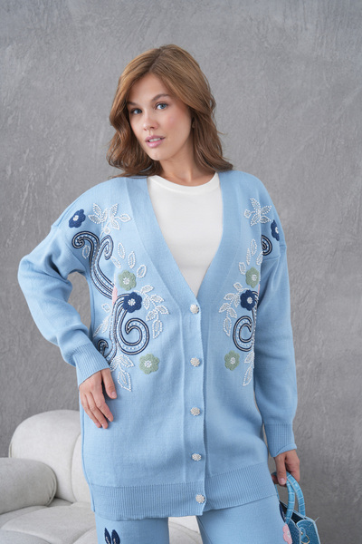 Miss Allos Women's Beaded Wide-Fit Knitwear Cardigan and Pants Bottom-Top Set