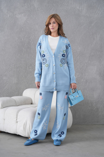 Miss Allos Women's Beaded Wide-Fit Knitwear Cardigan and Pants Bottom-Top Set