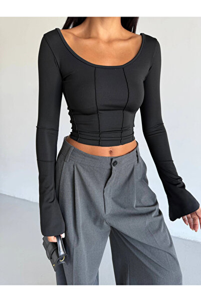 hazelin Women's Black Long Sleeve Tie Back Fit Cut Crop Blouse Hzl25W-Fry122771