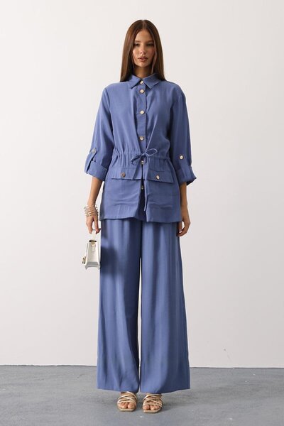 VAGGON Women's Indigo Gold Button Detailed Shirt Blouse and Palazzo Pants Set Vs01140