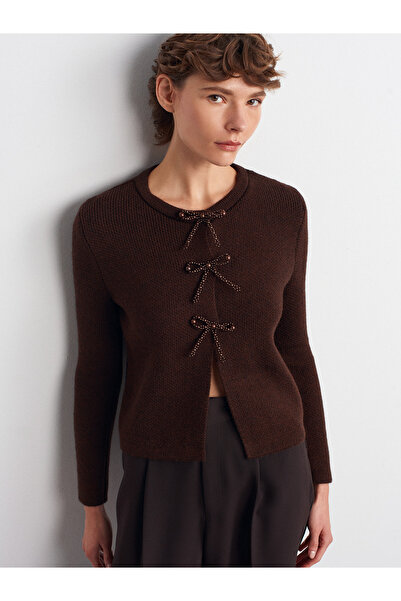 Dilvin 60983 Knitwear Cardigan with Pearl Bow Accessories-Brown