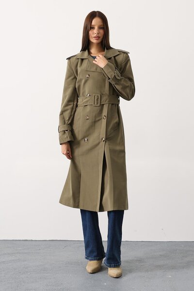 VAGGON Buttoned Belt Closure Double Pocket Long Trench Coat