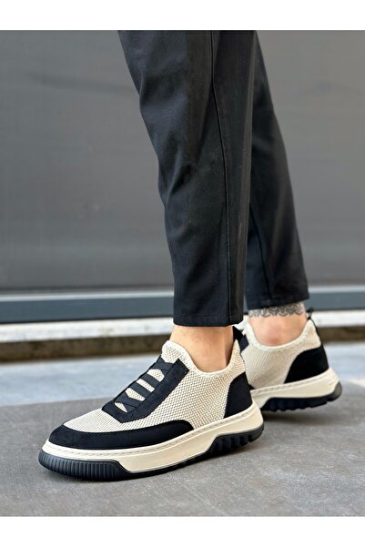 TUGERDİ Beige Black Special Knitted Knitwear Leather Powder Detailed Light Sole Men's Sports Shoes Tge2301061
