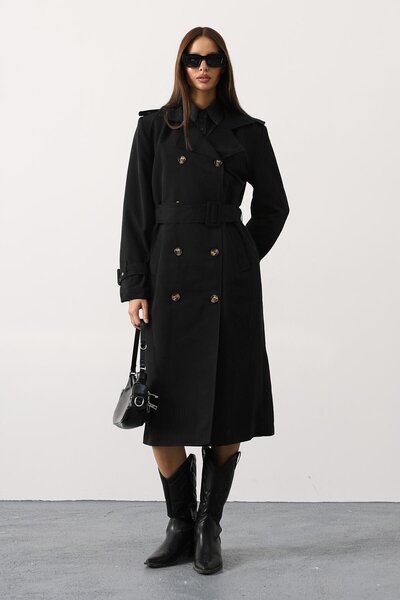 VAGGON Buttoned Belt Closure Double Pocket Long Trench Coat