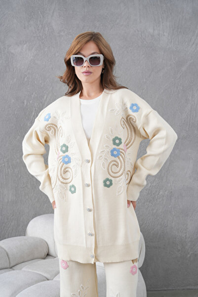 Miss Allos Women's Beaded Wide-Fit Knitwear Cardigan and Pants Bottom-Top Set