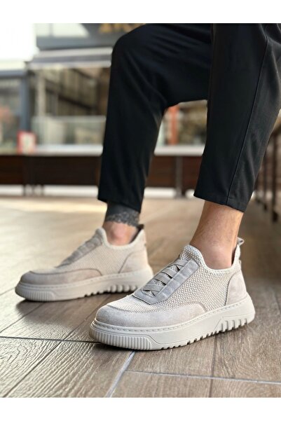 TUGERDİ Beige Special Knitted Knitwear Leather Powder Detailed Light Sole Men's Sports Shoes Tge2301061