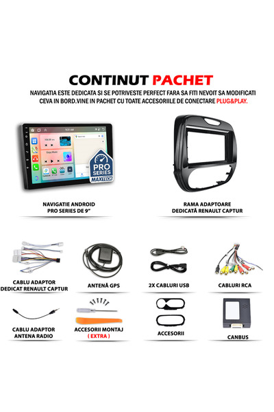 MaxTech Navigatie Renault Captur 2013-2017 dedicata, 2 GB Ram 32 GB Rom, Carplay & Android auto, Ecran 9” HD