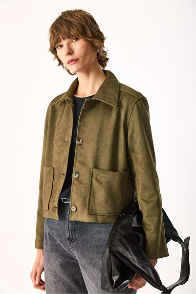 VENA Jachetă de piele de căprioară pentru femei, cu potrivire normală-KHAKI