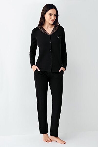 Pierre Cardin Women's lace collar button pajama set, Transitional pajama set, 50% modal 50% cotton