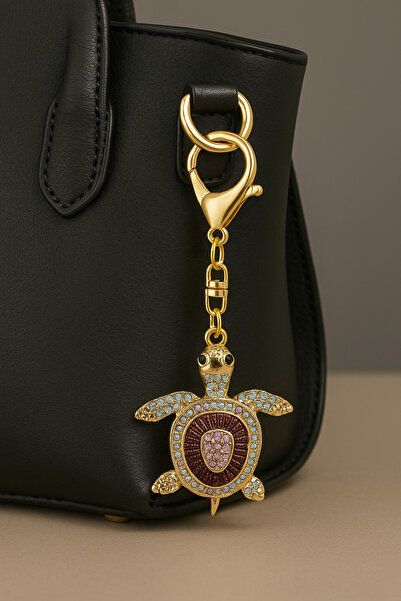 MD Moda Accessories Bordo ve Renkli Taşlı Kaplumbağa Figürlü Anahtarlık