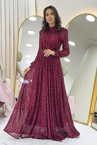 the ZKS Kadın Pul Payet Büzgü Detay Kemerli Maxi Abiye Elbise Siyah, Bej, Lac...