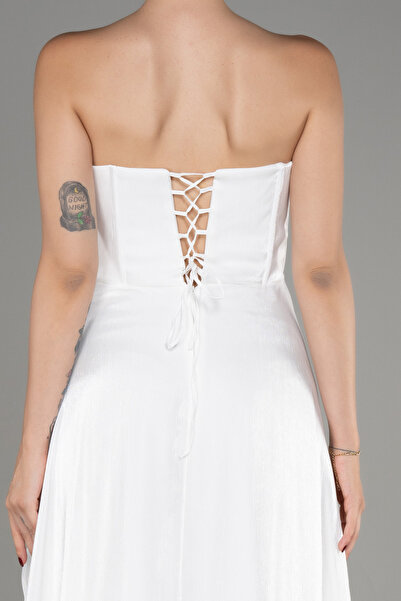 Abiyefon Ekru Straplez Yırtmaçlı Uzun Şifon Mezuniyet Elbisesi ABU4220