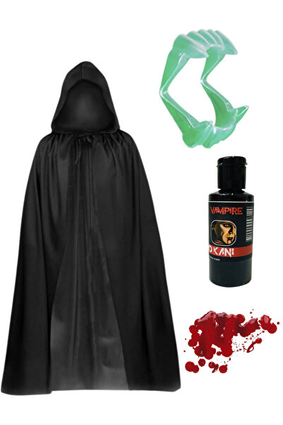 ReilaParty Halloween Kostüm Aksesuar Seti - Kapüşonlu Pelerin, Yapay Kan, Fosforlu Vampir Diş