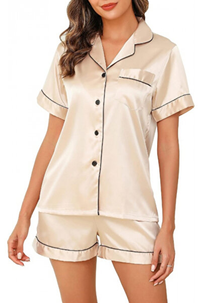 Caress Satin Pajamas, Button-Up Shirt and Shorts, Beige