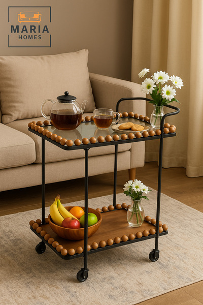MARIA HOMES Serving Trolley with Wheels – Tea & Coffee Cart with Wooden Ball Edges (70×40×84 cm)