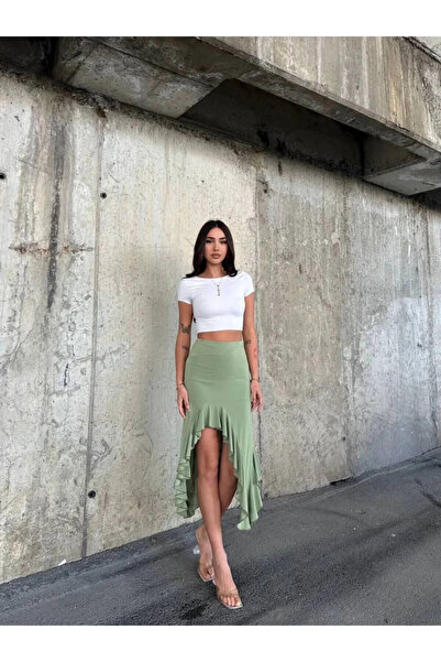hazelin Women's Green High Waist Diver Fabric Asymmetrical Cut Skirt Hzl25S-Zk11701
