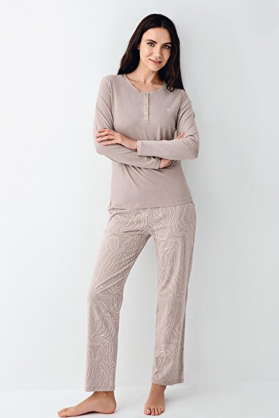 Pierre Cardin Kadın Mevsimlik Uzunkol Düğmeli Yaka Vizon Pijama Takım, %50 pamuk %50 modal