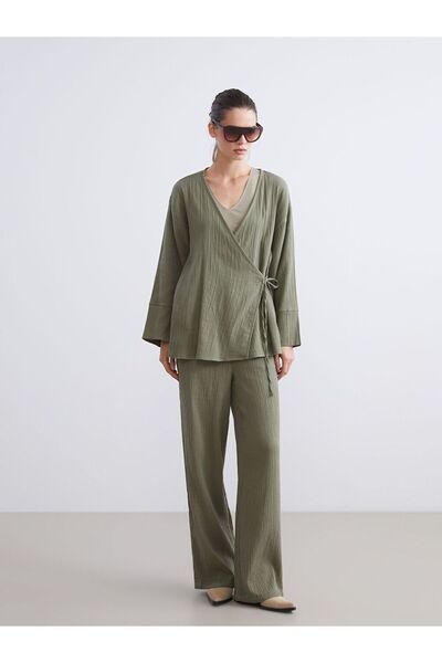 LC Waikiki Plus Size Elastic Waist Textured Muslin Women's Trousers