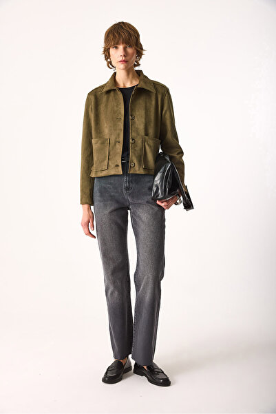 VENA Jachetă de piele de căprioară pentru femei, cu potrivire normală-KHAKI