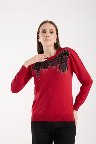 Moda Days Women's Red Crew Neck Stone Embroidered Knitwear Sweater