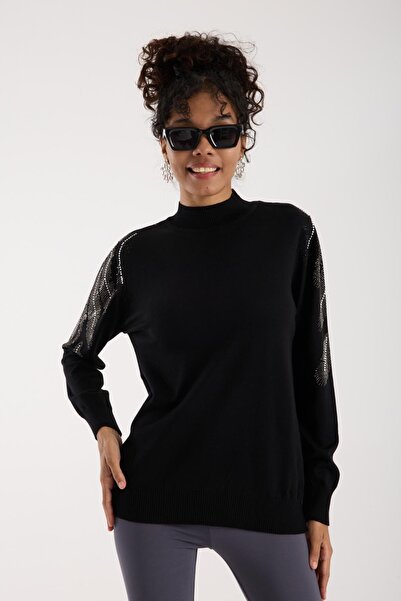 Moda Days Women's Black Half Turtleneck Shoulder Stone Embroidered Knitwear Sweater