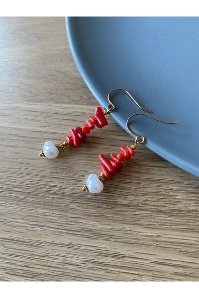 dela otantik Coral Stone and Heart Detailed Long Dangle Earrings – Handmade Bohemian Authentic Ethnic Bijouterie Jewelry
