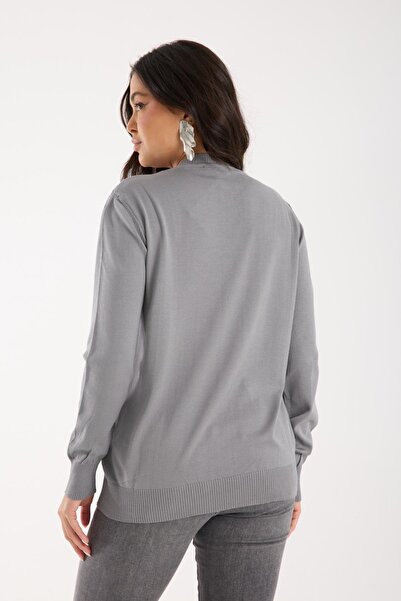 Moda Days Women's Gray Crew Neck Stone Embroidered Knitwear Sweater