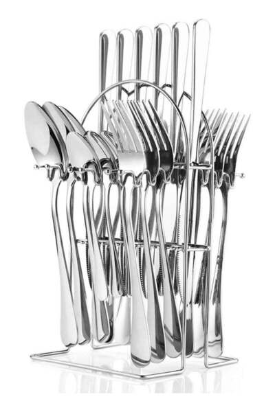 COOYA 24 PCS Flatware Set,Stainless Steel Mirror Polish Cutlery Set,with Holder,Dishwasher Safe,Silver