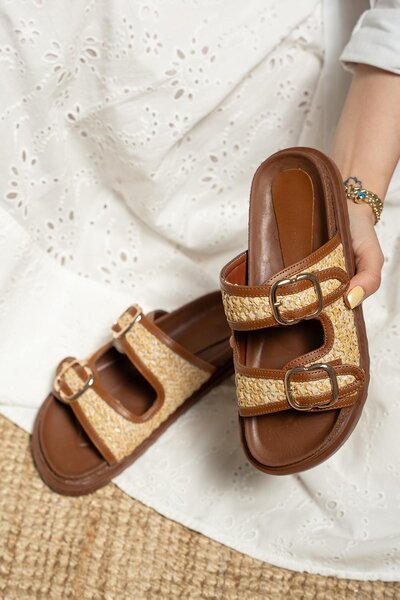 LamintaGlobal Bred Taba Straw Detailed Buckle Thick Sole Women's Slippers