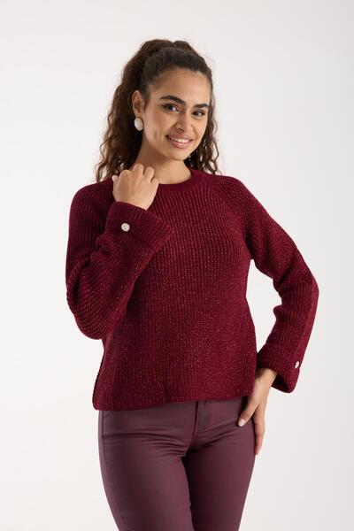Moda Days Women's Burgundy Glitter Crew Neck Raglan Sleeve Single Button Cuffed Knit Sweater