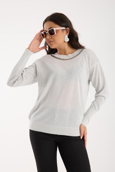 Moda Days Women's White Crew Neck Stone Stripe Glitter Knit Sweater