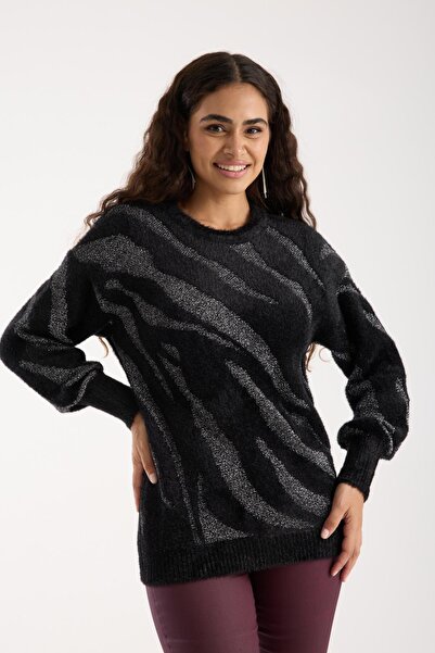 Moda Days Women's Black Glitter Crew Neck Balloon Sleeve Knit Sweater