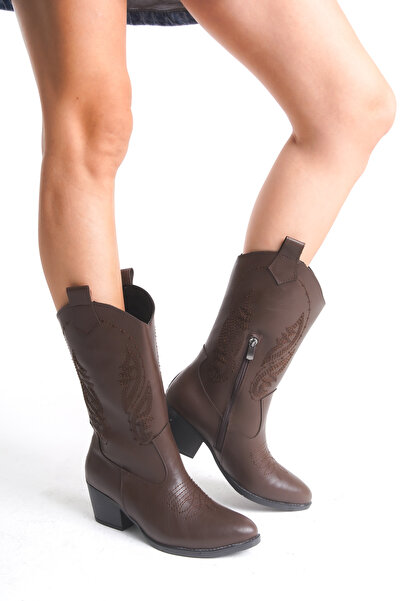 Bak Store Γυναικείες μπότες Western Cowboy με φερμουάρ και κέντημα σε καφέ σοκολάτα