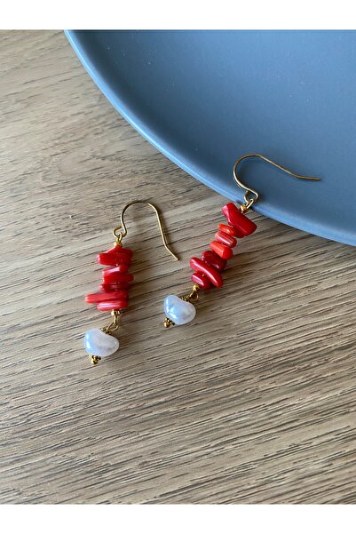 dela otantik Coral Stone and Heart Detailed Long Dangle Earrings – Handmade Bohemian Authentic Ethnic Bijouterie Jewelry