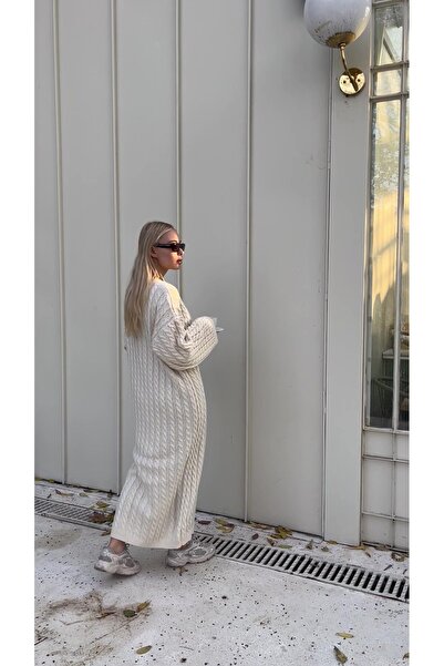 Icon Kadın Bisiklet Yaka Saç Örgülü Triko Midi Elbise