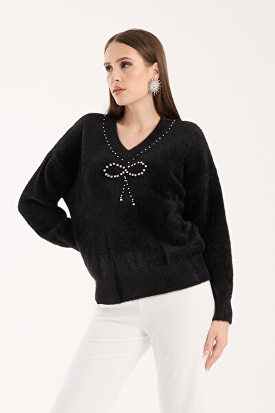 Moda Days Women's Black V-Neck Stone and Pearl Embroidered Knitwear Sweater