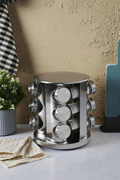 Masis Home Metal Döner Standlı Yuvarlak Cam Metal Kapaklı 12`li Standlı Bahar...