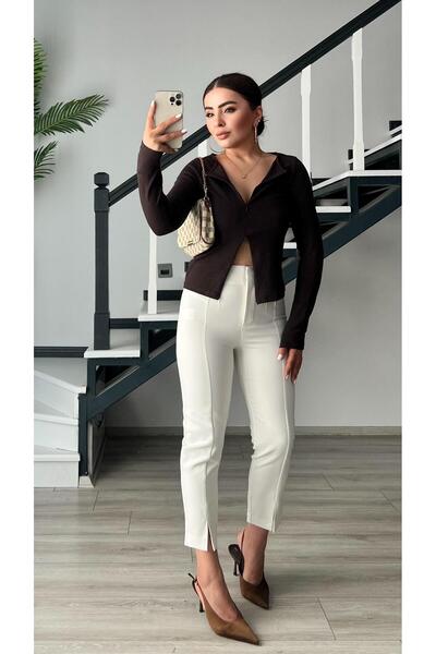 Oslove White Slit-Leg Lycra Fabric Trousers