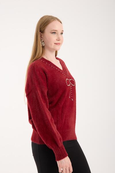 Moda Days Women's Burgundy V-Neck Stone and Pearl Embroidered Knitwear Sweater