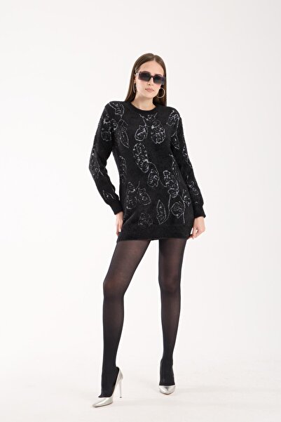 Moda Days Women's Black Crew Neck Leaf Patterned Knitwear Sweater