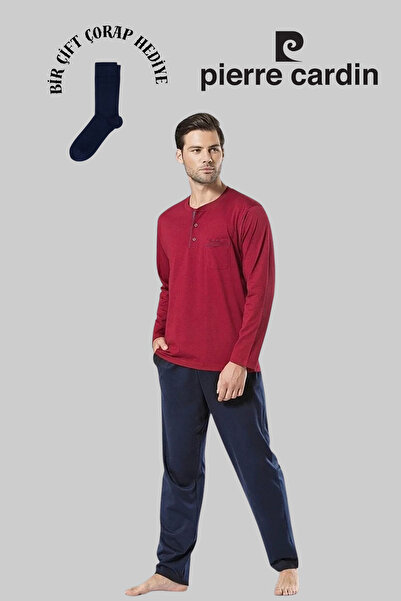 Pierre Cardin Men's Burgundy Cotton Dowry Boxed Set 2-Piece Pajama Set (1 Pair of Socks as a Gift)