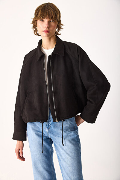 VENA Regular Fit Crop Suede Jacket-Black