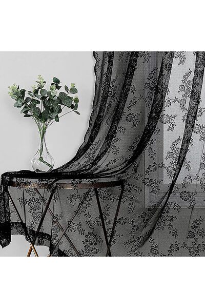 COOYA Black Sheer Lace Curtains,Luxury Vintage Floral Sheer,Rod Pocket Sheer Curtain Embroidery,145X213CM