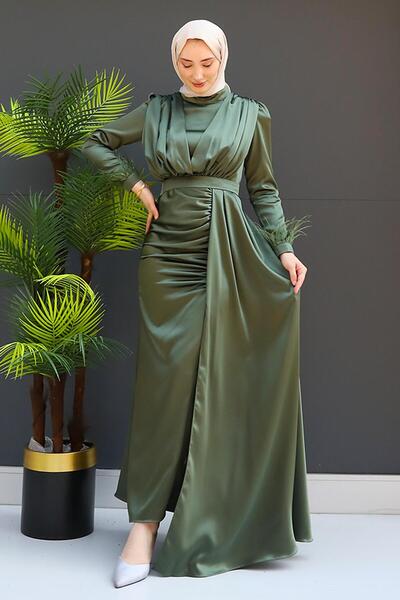 GİYZAMİLA Feathered Satin Hijab Dress Khaki