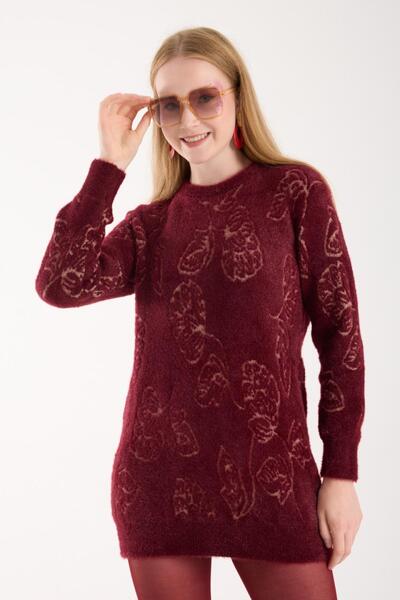Moda Days Women's Burgundy Crew Neck Leaf Patterned Knitwear Sweater