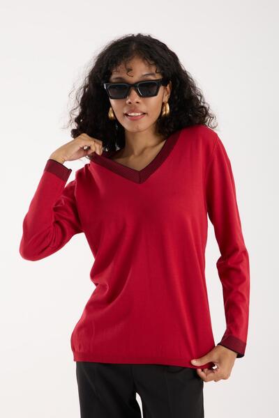 Moda Days Women's Red V-Neck Contrast Stripe Knitwear Sweater