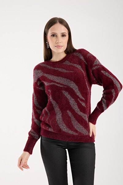 Moda Days Women's Burgundy Glitter Crew Neck Balloon Sleeve Knit Sweater