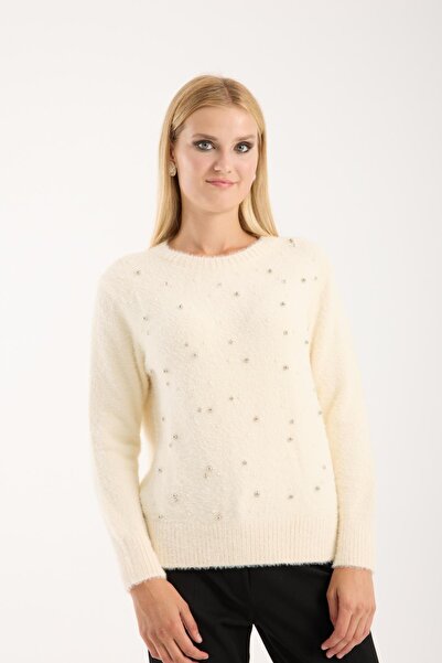Moda Days Women's Ecru Crew Neck Stone and Pearl Embroidered Knit Sweater
