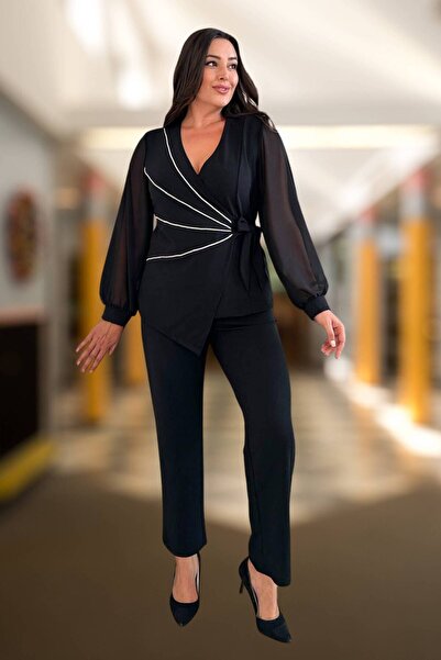 Moda Amore Stylish and Modern Plus Size Black Evening Dress Set - White Stripe Detail 027